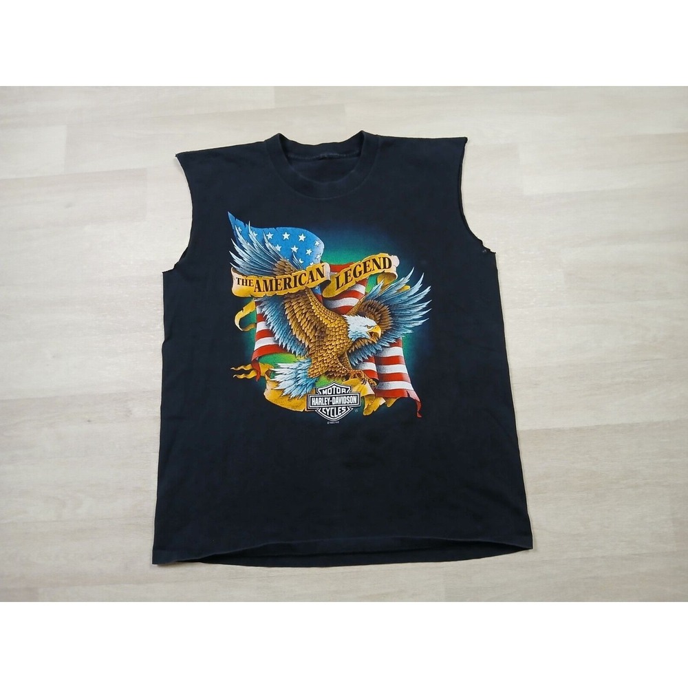 Vintage Harley Davidson (L) T Shirt 1990s American Legend Eagle Flag‎ Logo Biker